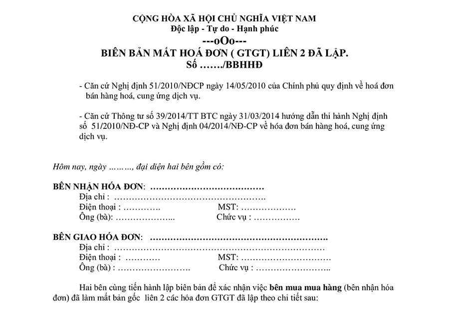 Biên bản mất hóa đơn đầu vào cần ghi rõ các thông tin liên quan