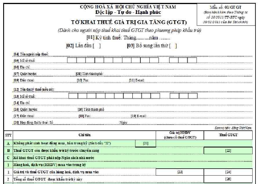 Mẫu tờ khai giá trị gia tăng